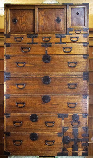 Tall 2-part antique Japanese clothing tansu, isho-dansu, kiri wood drawers, and safe, hinged door. Large keyaki sliders, iron work, C.1930