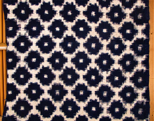 Four pieces vintage kasuri fabric, handwoven blue and white cotton, dark blue indigo medallions, Japanese antique mingei handicraft, hand dyed