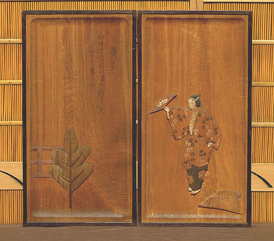 Pair carved keyaki panels; Noh actor, pine, fence. Carved calligraphy, small signature, for Japanese interior design, antiques in Los Angeles