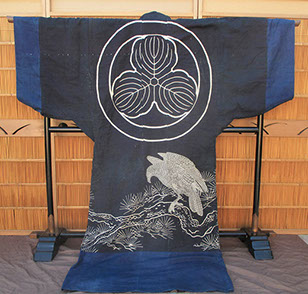 Heavy dark indigo festival kimono; large paste resist dyed (tsutsugaki) hawk, pine, large three leaf mon, antique mingei fabrics Los Angeles