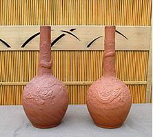 Tall Tokoname vases with dragons, Japanese ceramics, mingei item Japanese garden, interior design, tea ceremony, Japanese antiques Los Angeles