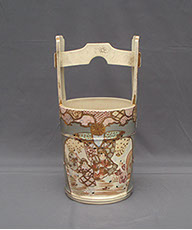 Satsuma bucket vase with tall handle, enamels, gold motif. Antique Japanese pottery for interior design, ikebana, tea ceremony, in Los Angeles