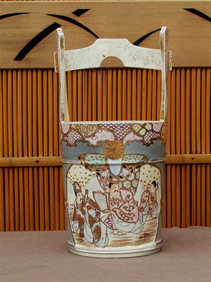 Side view2 - Satsuma bucket vase, tall handle, enamels, gold. Antique Japanese pottery for interior design, ikebana, tea ceremony in Los Angeles