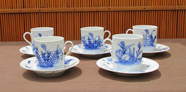 5 blue and white tea cups and saucers; flowers and rabbits, hand painted antique Japanese porcelain for tea ceremony, signed, in Los Angeles    