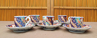 5 Imari tea cups and saucers; enamel and gold brocade, hand painted antique Japanese porcelain for Japanese tea ceremony, interior design