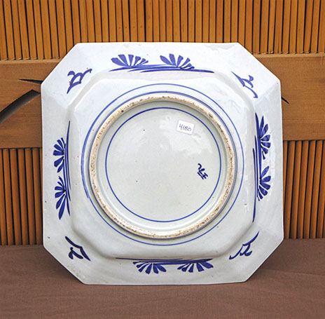 Rear view - #4180  Square blue-white porcelain plate, 45 degree corners, 11.5" x 1.5"h. Heavy construction. Very dark blue flower center, C.1900