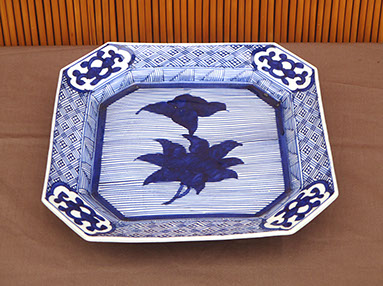Top view - #4180  Square blue-white porcelain plate, 45 degree corners, 11.5" x 1.5"h. Heavy construction. Very dark blue flower center, C.1900